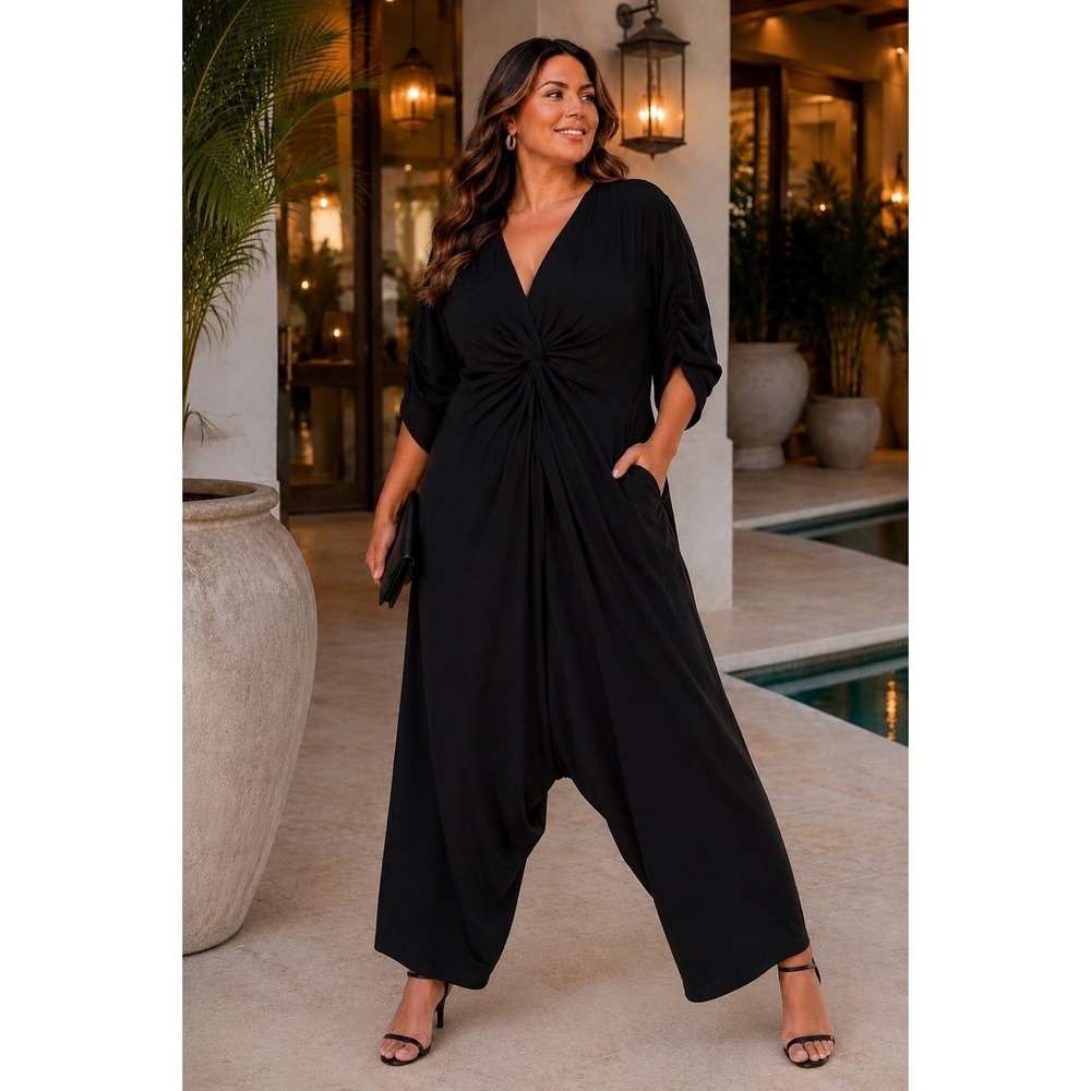 ASOS Black Twist Front Wide‎ Leg Jumpsuit UK22 US18 Plus Size Boho